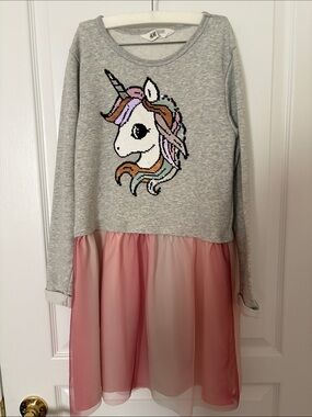 H&M Grey Sweatshirt Dress with Pink Tulle Skirt and Sequin Unicorn